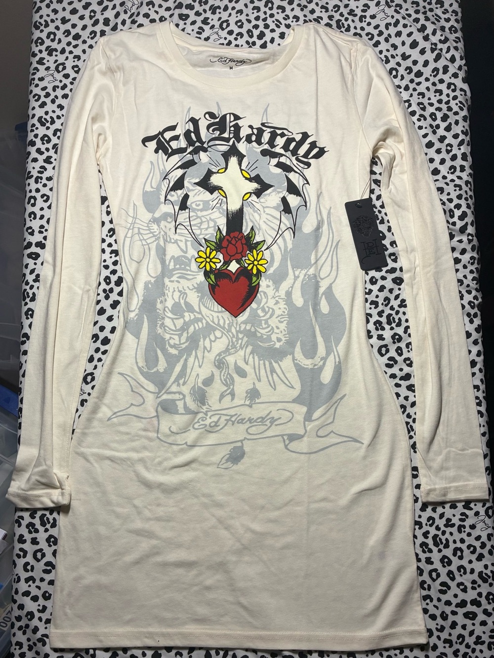 Ed Hardy Cream Long Sleeve Cross Dress with Red & Yellow Heart Graphic